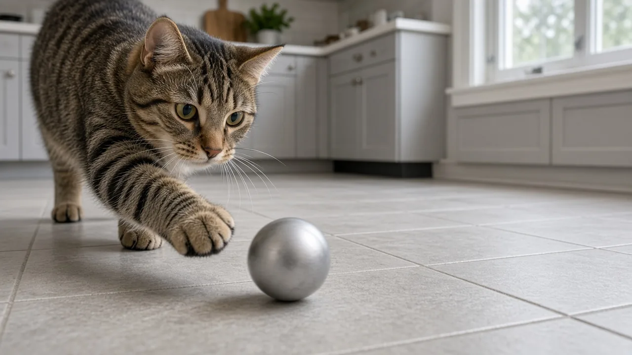 A tabby cat batting a rolling cat toy ball across a bright kitchen floor, showing why a rolling cat toy ball can be loud