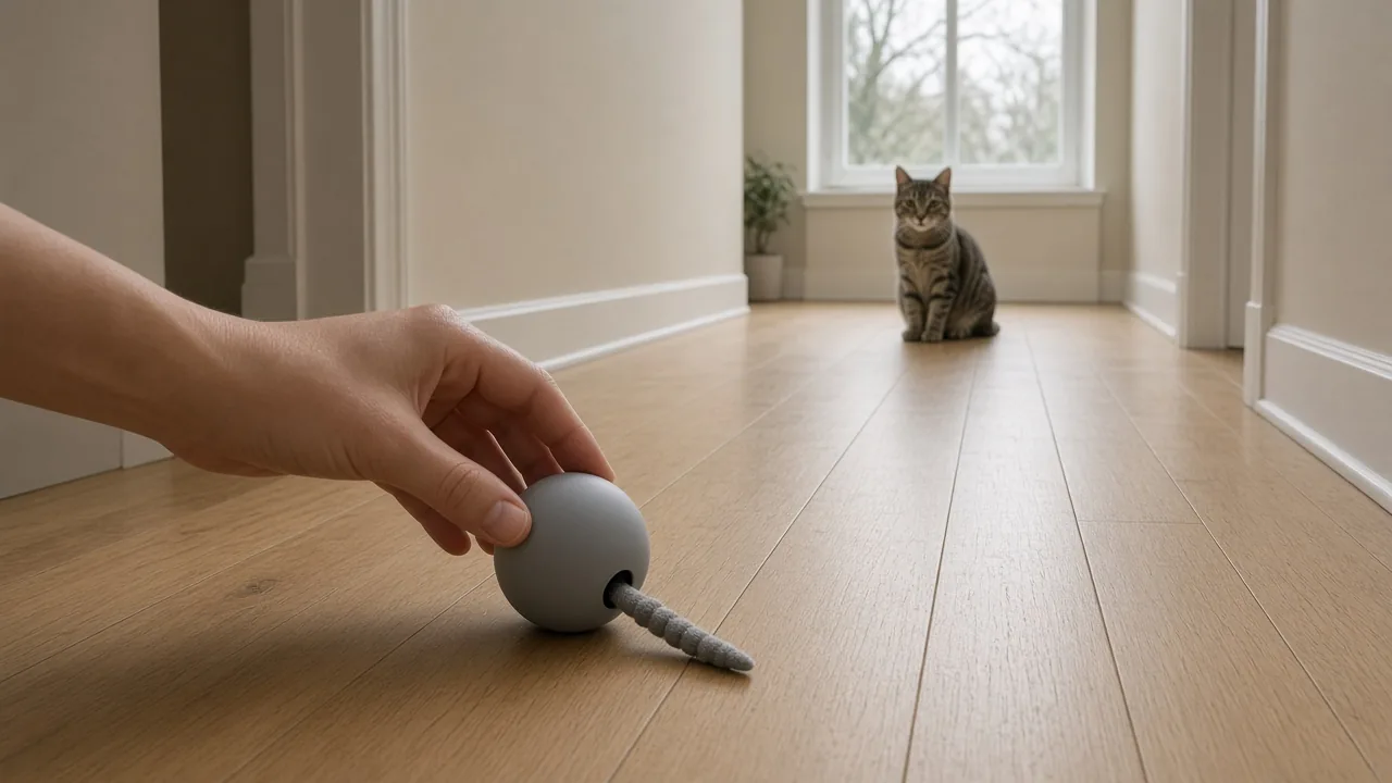 A hand placing a rolling cat toy ball on an open hardwood floor away from furniture while a cat watches safely from a