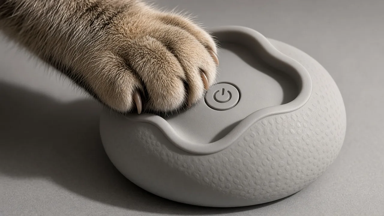 A cat's paw pressing the power button on the silicone edge of a rolling cat toy ball, showing how the toy's modes are