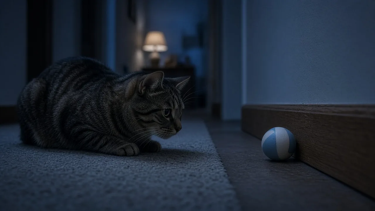 A cat watching a rolling cat toy ball bump against a wooden baseboard in a dim hallway, illustrating normal toy noise versus