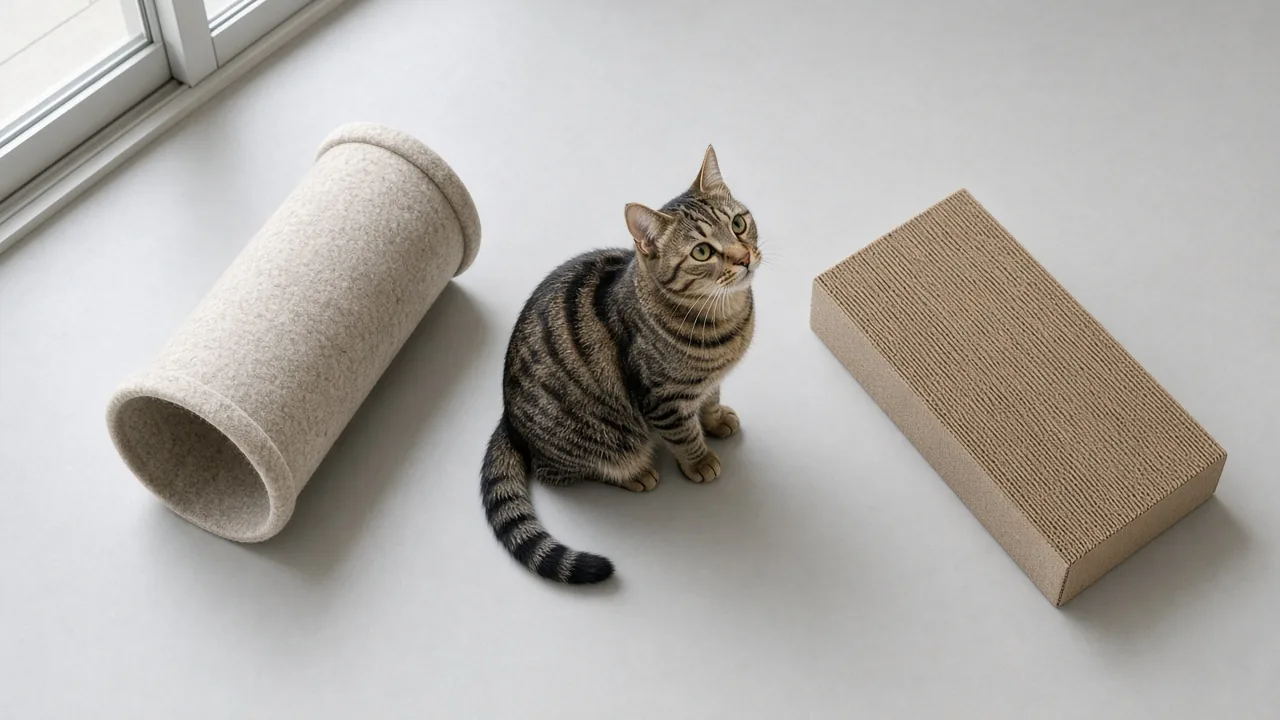 Felt cat tunnel vs cardboard scratcher side by side with a tabby cat choosing between them