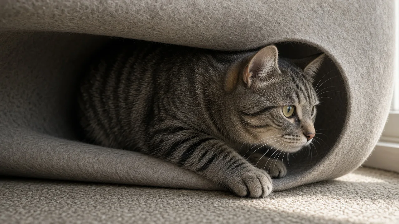 Gray tabby cat crawling through a felt cat tunnel on a wooden floor