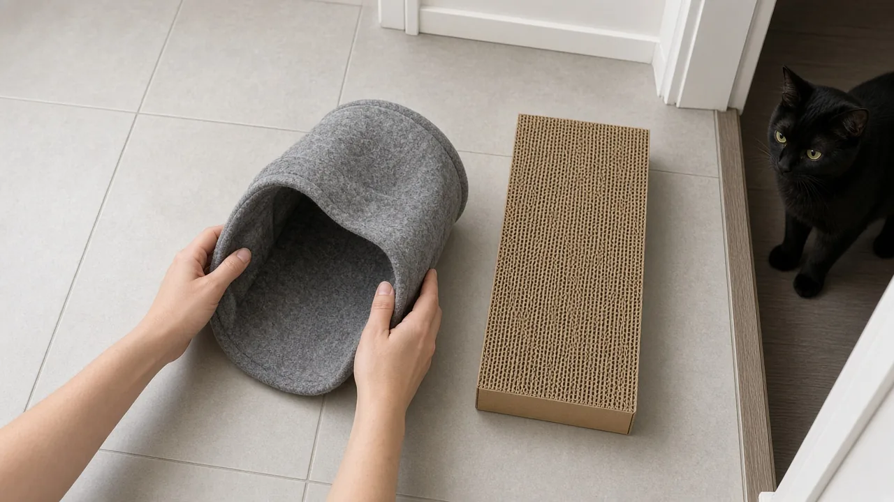 Hands arranging a felt cat tunnel and a cardboard scratcher while a black cat watches