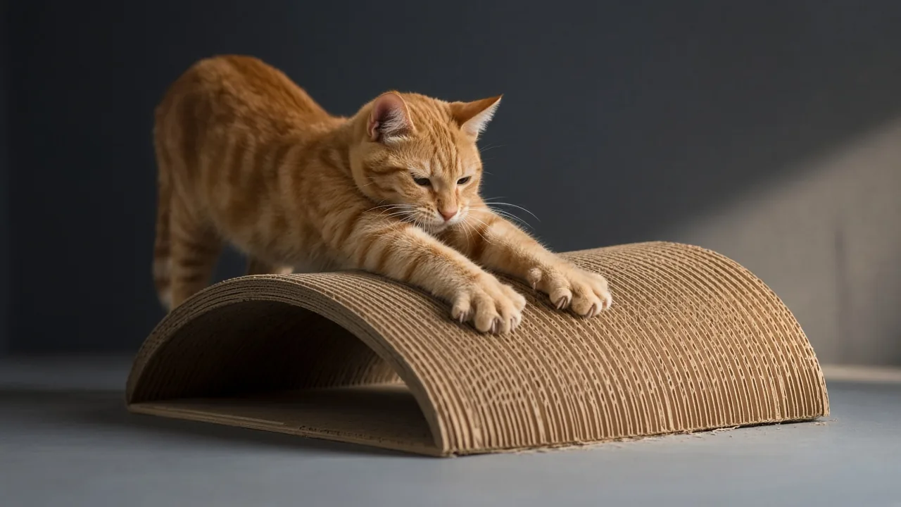 Orange cat stretching and scratching an arched cardboard cat scratcher
