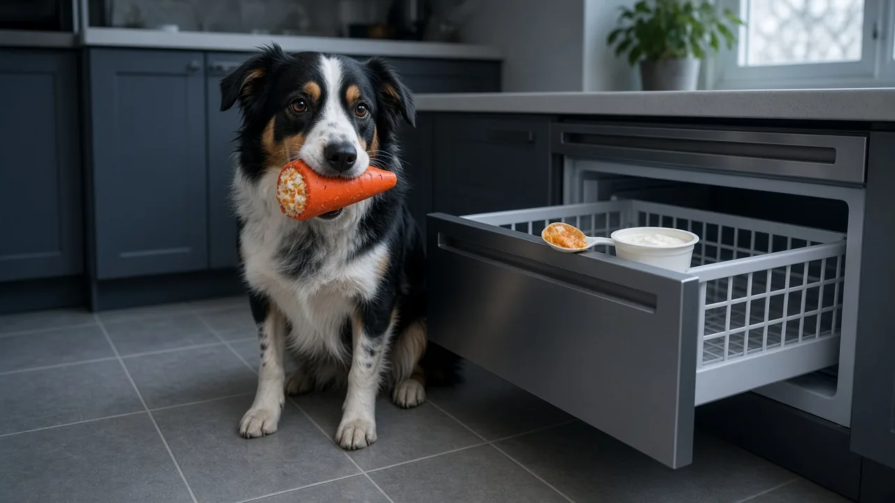 Dog holding a frozen Kong filled with pumpkin and yogurt on a tiled kitchen floor, pumpkin-yogurt freeze recipe for dogs