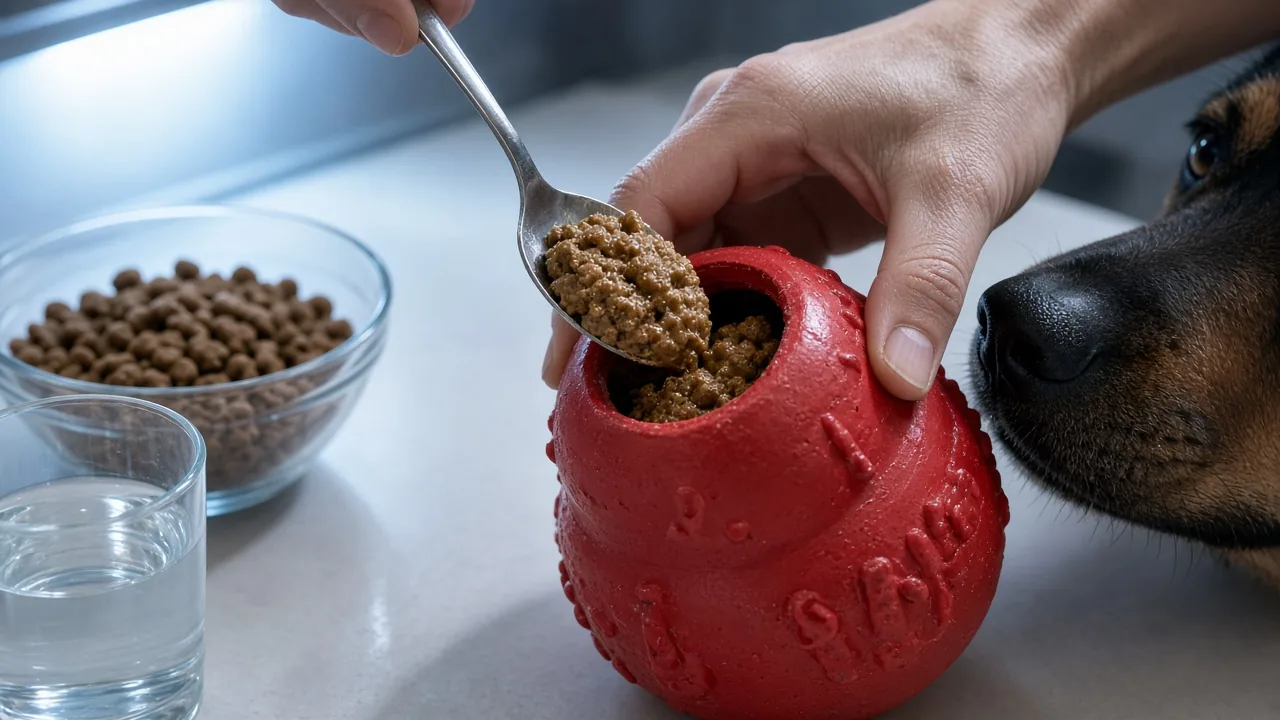 Hand packing kibble paste into a red Kong toy for a dog on a kitchen counter, how to freeze stuff a Kong for dogs step by