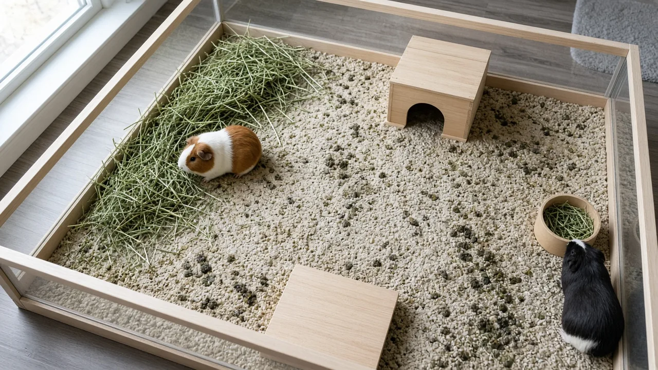 Two guinea pigs sharing a tidy indoor enclosure with hay and a hideout, showing why guinea pigs won't bond with each other in