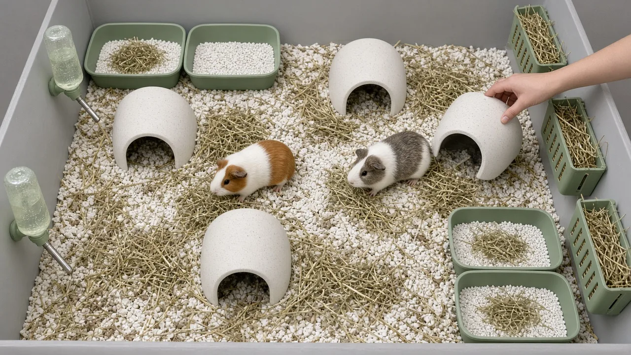 Overhead view of a guinea pig cage with matching hideouts, water bottles, and litter boxes spaced apart to reduce bonding