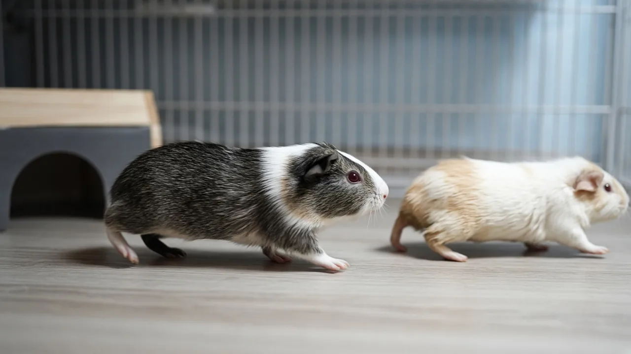 Guinea pig chasing another guinea pig across the cage floor during an introduction, a common dominance behavior