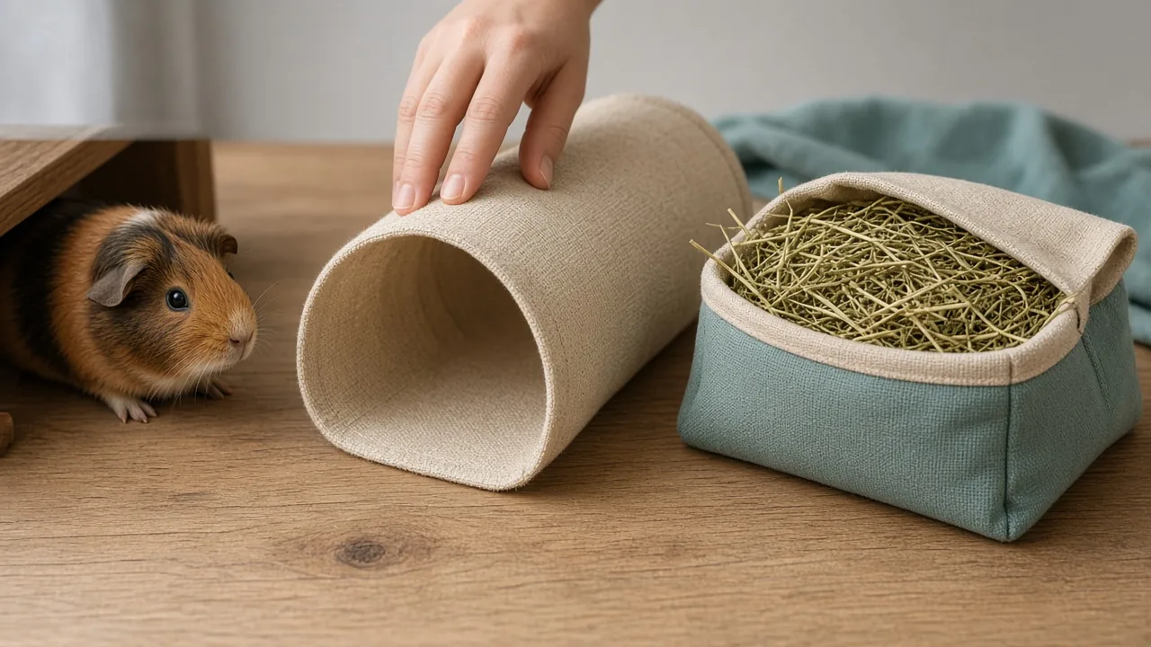 Plain fabric guinea pig tunnel and hay-stuffed basket displayed as affordable cage accessories for reducing bonding stress