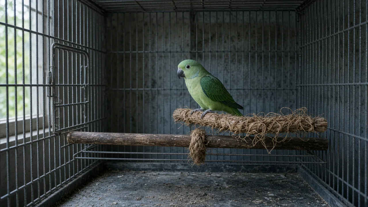 Bird toys that are actually dangerous, including a frayed rope perch in a bird cage with a parrot standing nearby