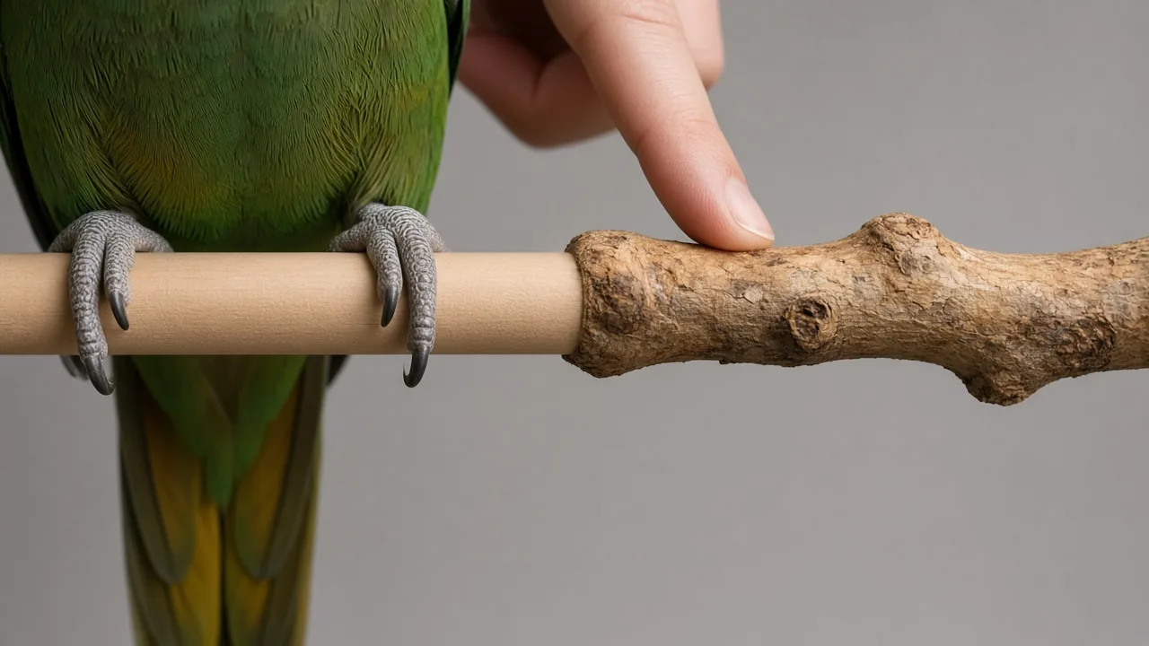 Bird perches that are common bird toys that are actually dangerous for bird feet, showing a parrot gripping a smooth dowel