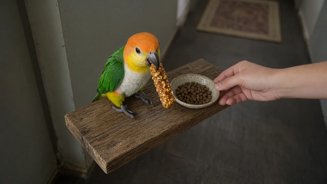 Risky bird treats among common bird toys that are actually dangerous, showing a parrot eating a honey treat stick