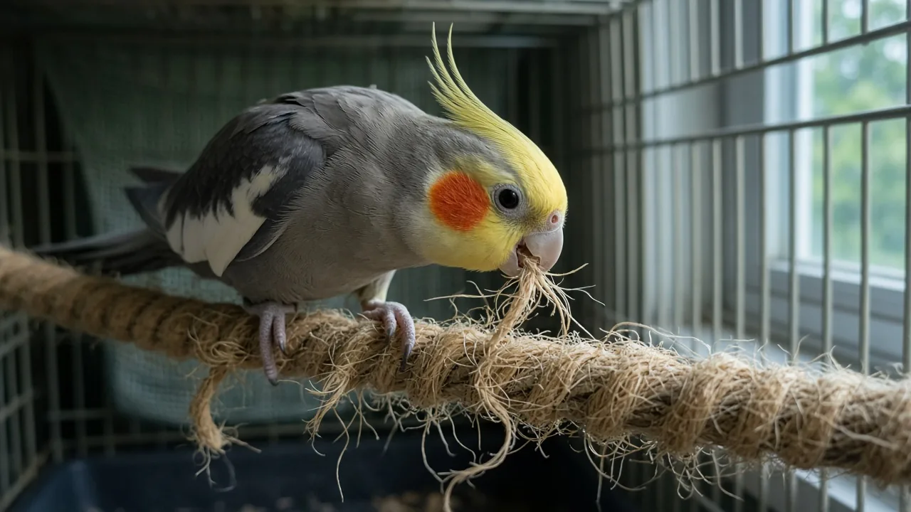 Common bird toys that are actually dangerous: a cockatiel chewing loose fibers from a frayed rope perch