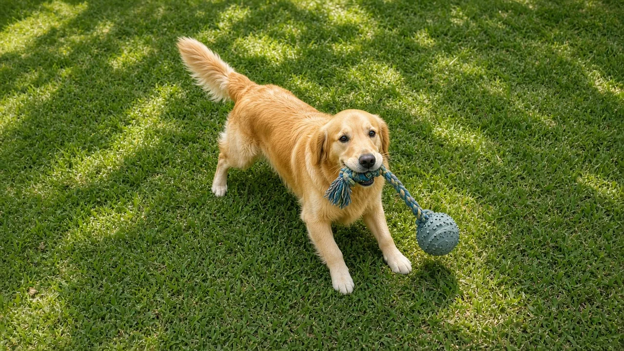 Golden retriever playing outdoors with a rope and ball dog toy for interactive play on a sunny lawn