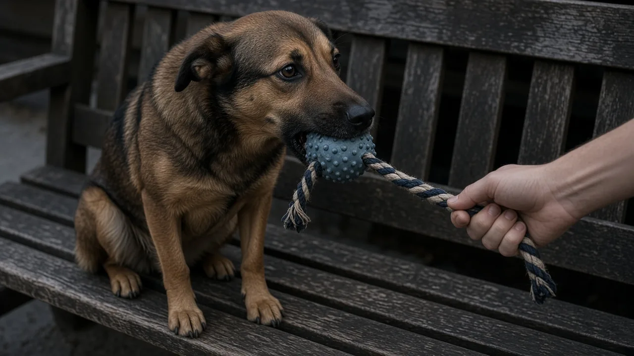 Dog holding a rope and ball dog toy for interactive play while its owner grips the rope end