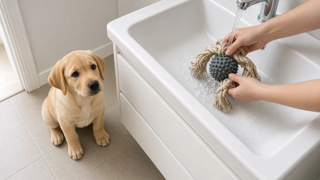 Hands rinsing a rope and ball dog toy under water next to a labrador puppy in a bright bathroom