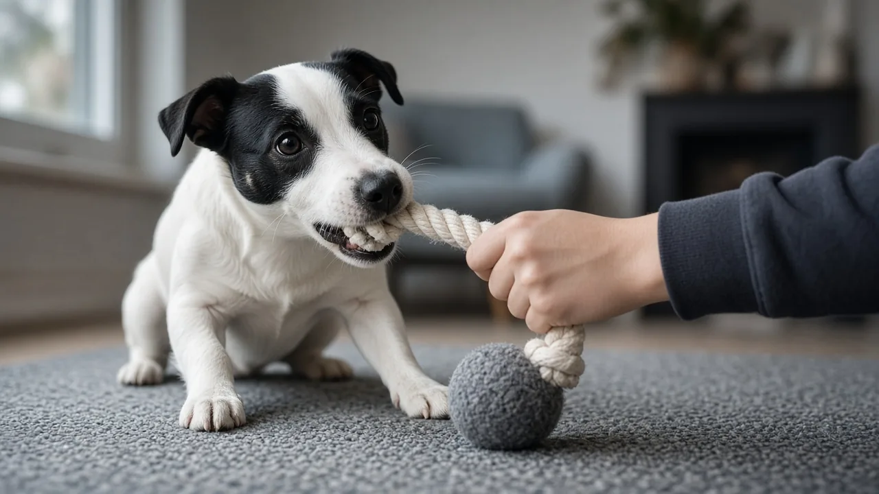 Small terrier doing gentle tug play with a rope and ball dog toy held steady by its owner's hand