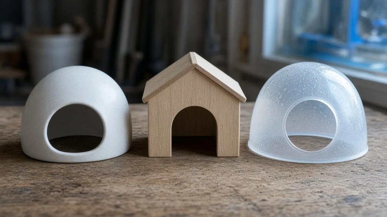 Ceramic, wood, and plastic bottomless hamster hideouts lined up on a workbench to compare which material is easiest to clean