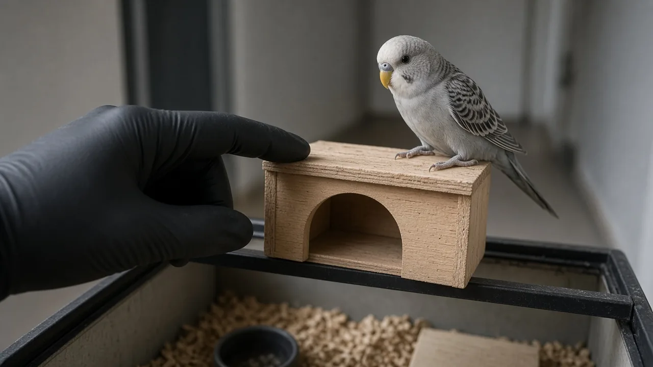 Gloved hand checking the rim of a wooden bottomless hamster hideout for splinters during safety inspection after cleaning