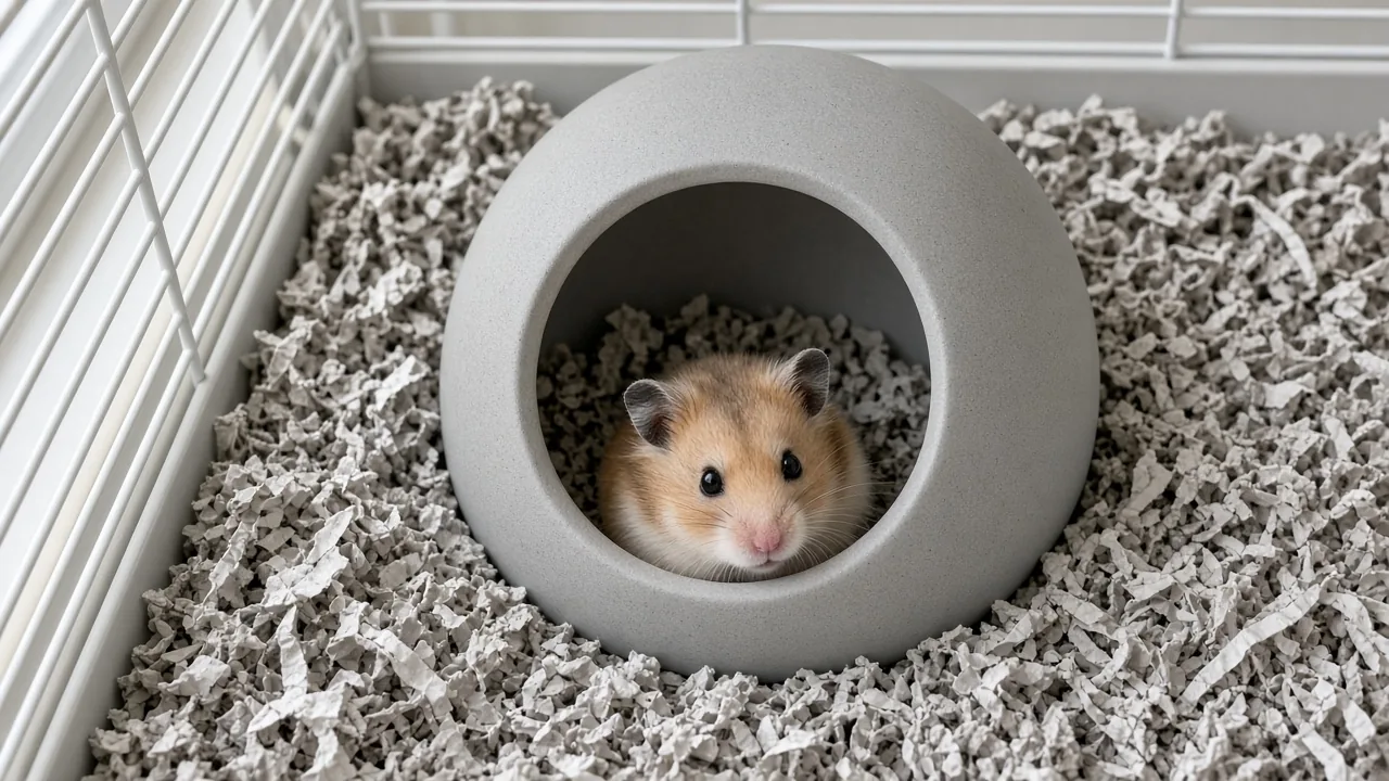 Hamster peeking out of a clean ceramic bottomless hamster hideout sitting on fresh bedding in a wire cage, how to clean a