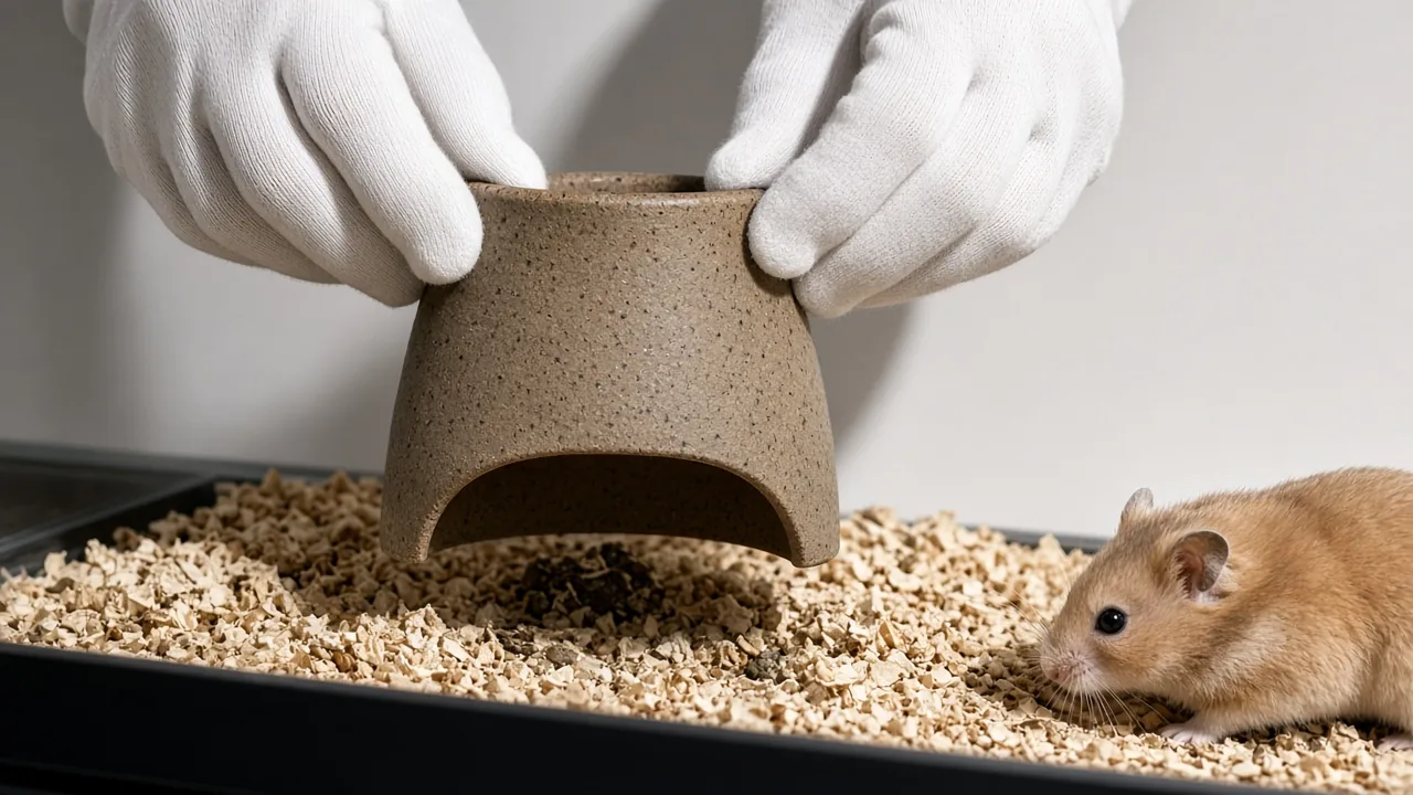 Hands lifting a bottomless ceramic hamster hideout straight up off the bedding to check the area underneath for a clean