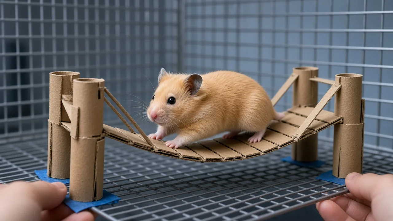 A golden hamster walking across a homemade cardboard suspension bridge toy inside a wire cage