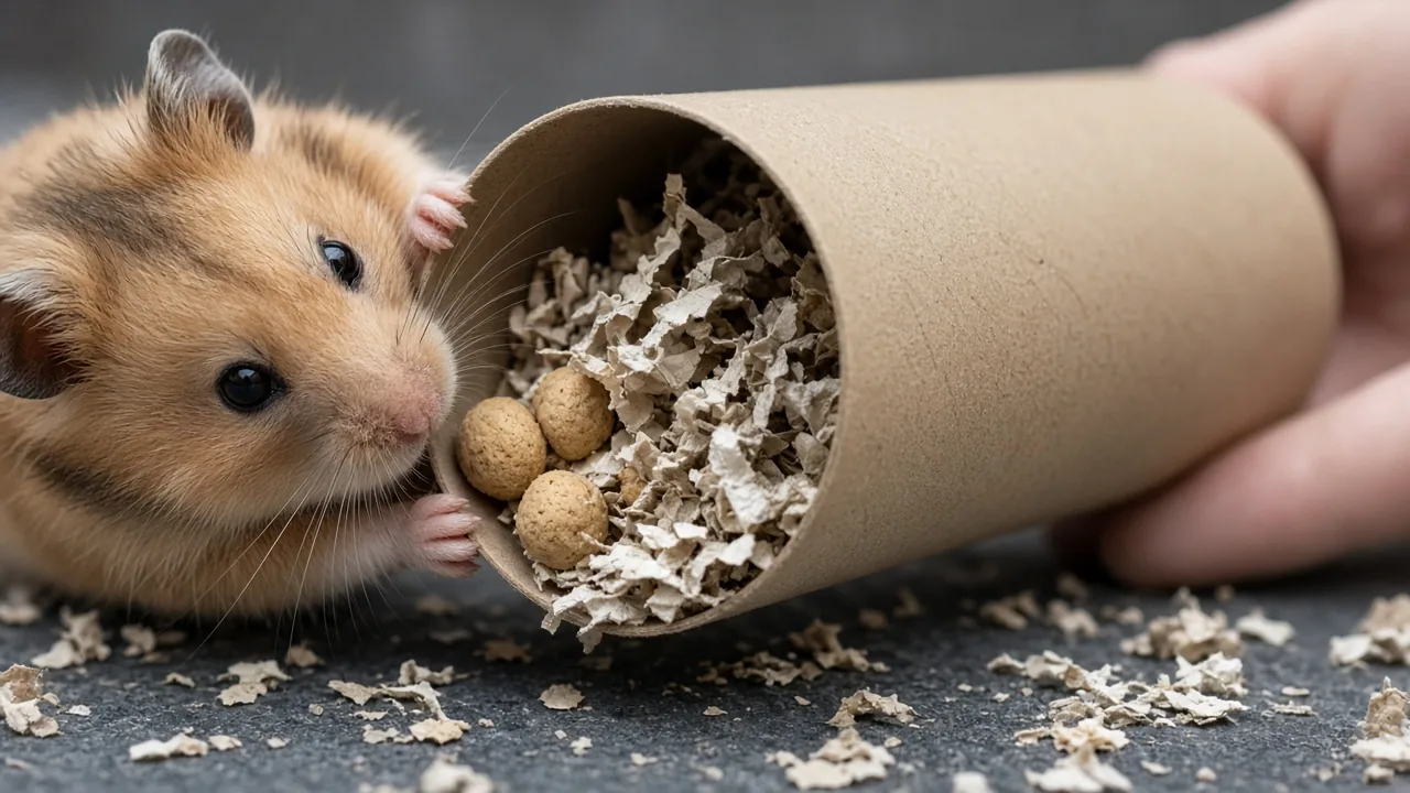 A hamster foraging through a treat-filled toilet paper roll tube with shredded paper layers
