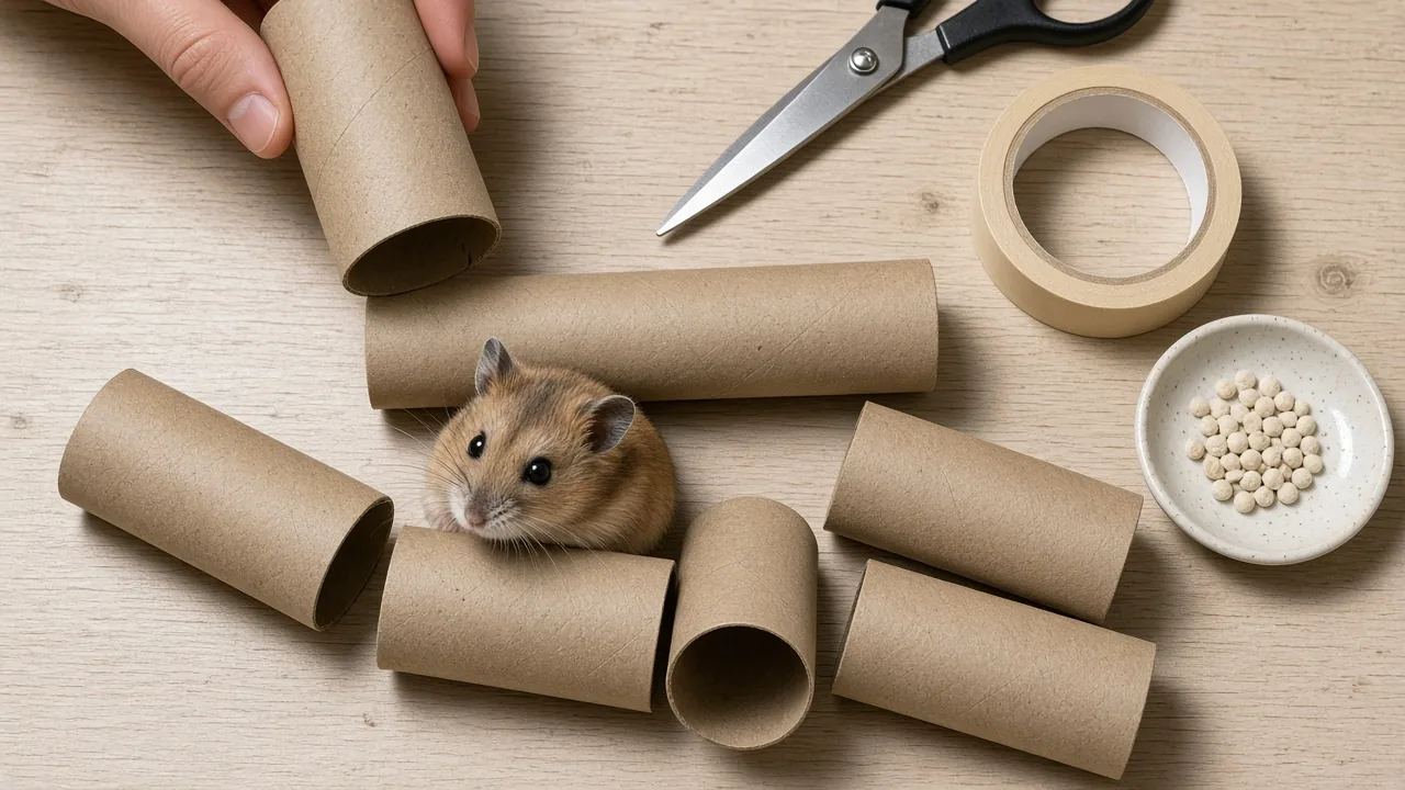 Materials for DIY toilet paper roll toys for hamsters, including plain tubes, paper tape, and scissors on a wooden table