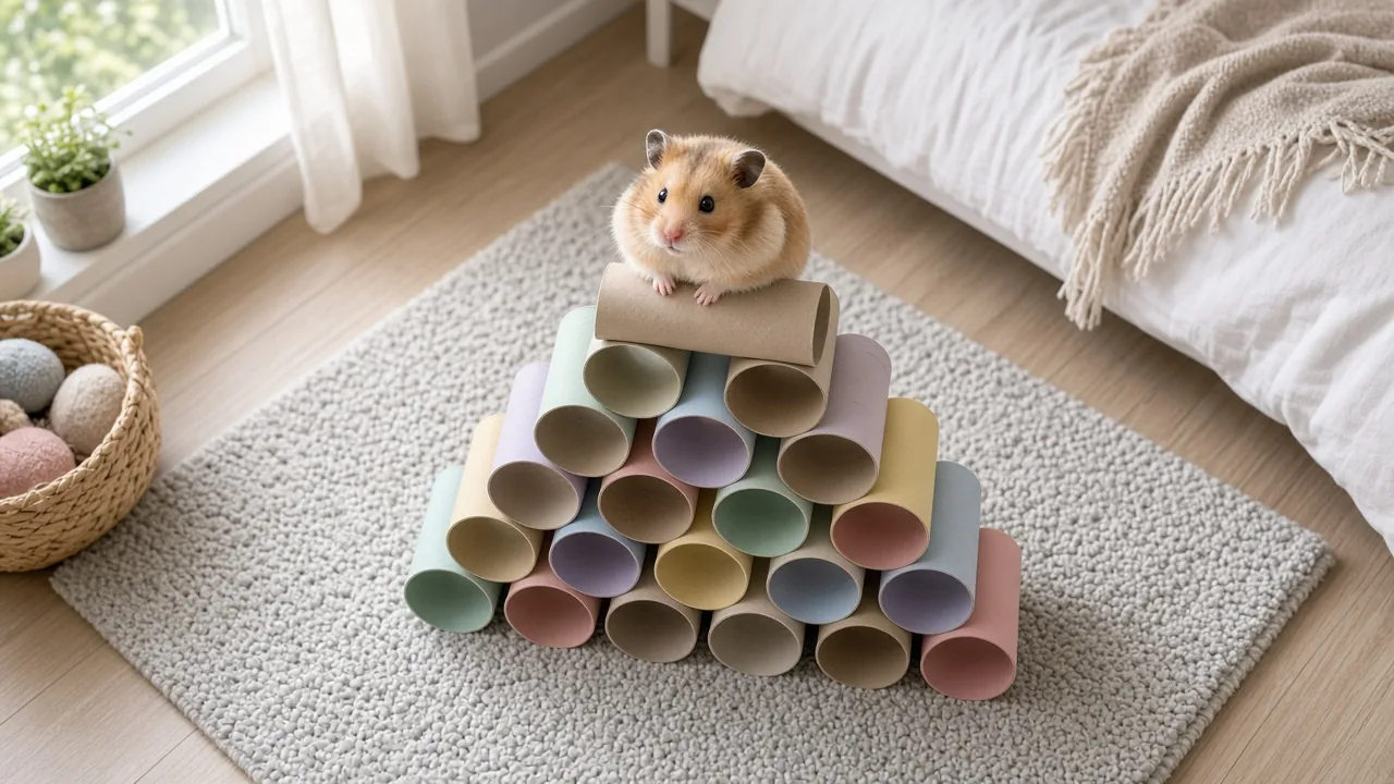 DIY toilet paper roll toys for hamsters: a Syrian hamster perched on a homemade cardboard tube pyramid toy
