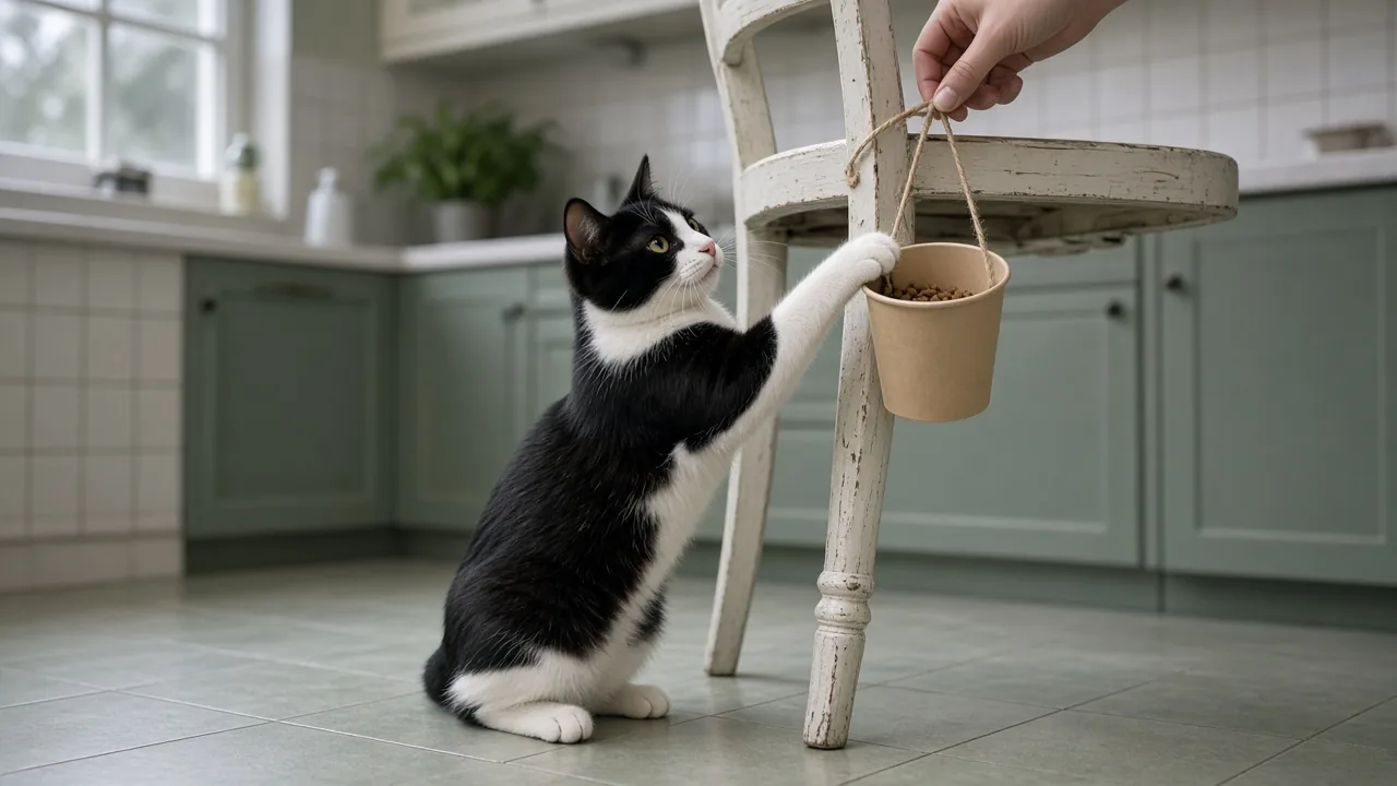 Black-and-white cat reaching for a hanging paper cup treat toy tied to a chair leg, DIY food puzzle toys for cats using