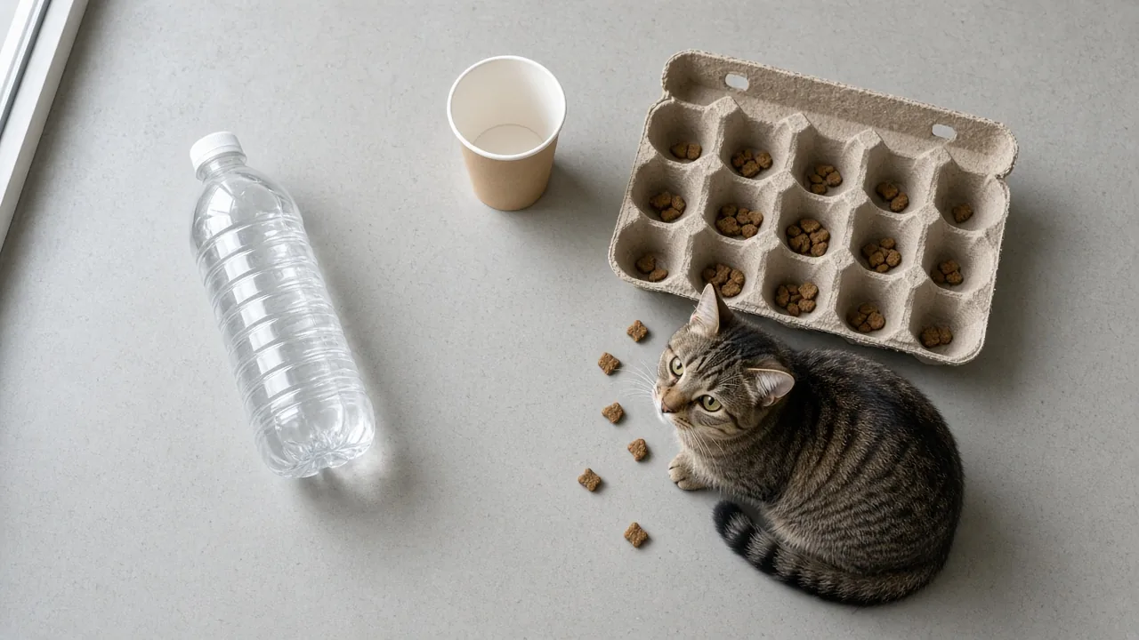 Tabby cat beside a water bottle, paper cup, and egg carton with treats, showing DIY food puzzle toys for cats using household