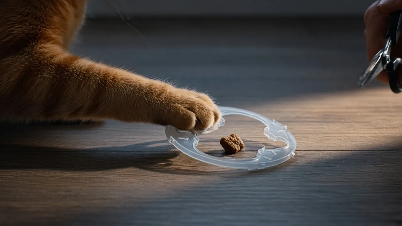 Ginger cat batting a plastic water bottle treat roller across a wooden floor, DIY food puzzle toys for cats using household