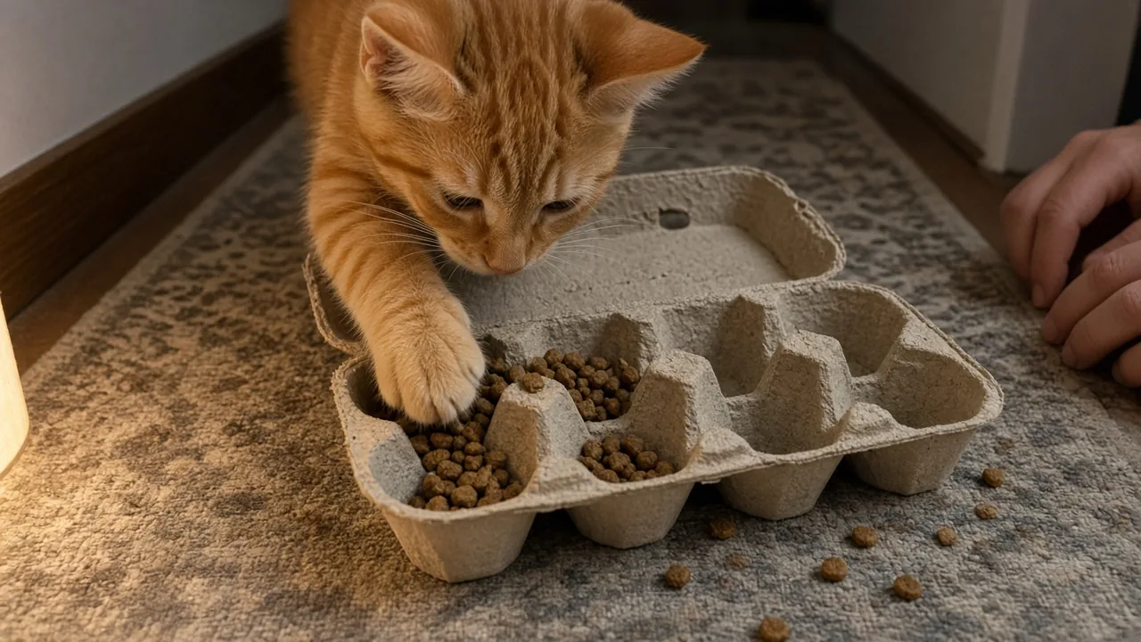 Orange kitten digging treats out of an open egg carton puzzle on a rug, DIY food puzzle toys for cats using household items