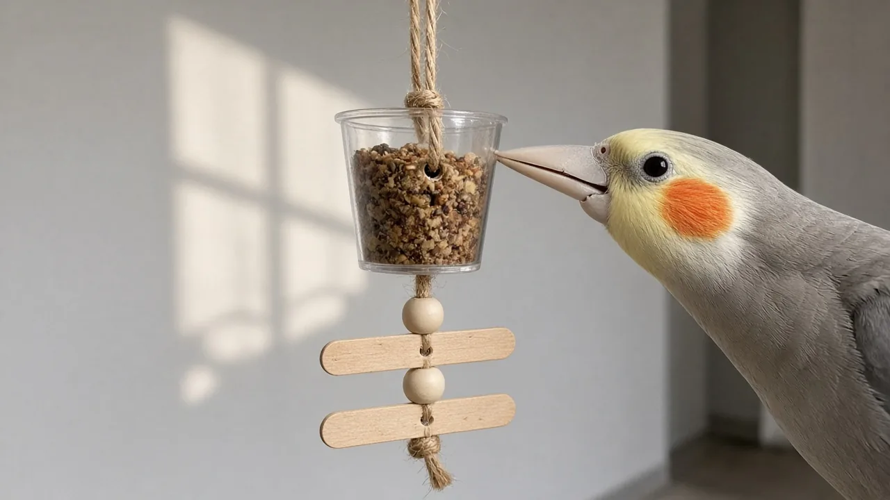 Cockatiel reaching into a hanging shot glass foraging toy filled with treats