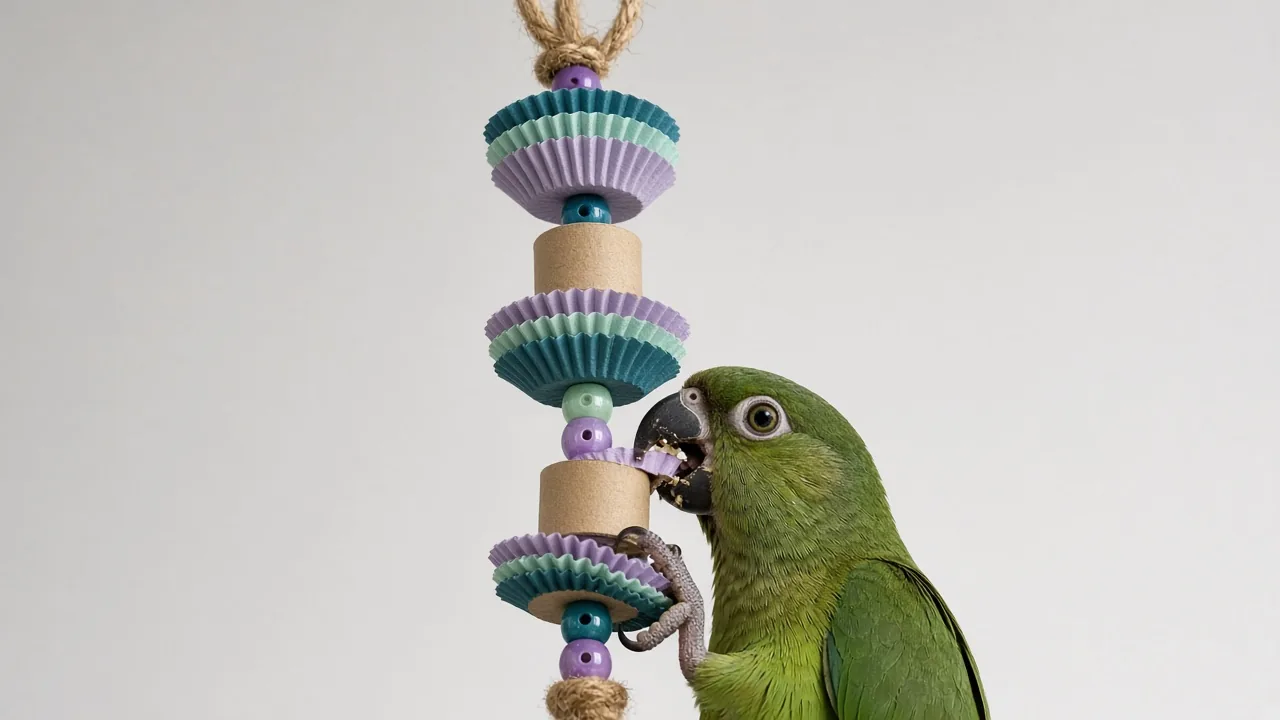 Conure shredding a beaded cupcake liner hanging toy made of jute and coin wrappers