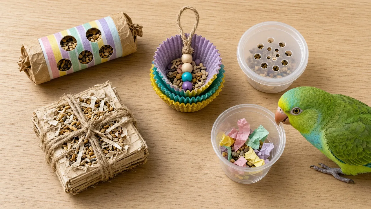 Five DIY foraging toys for budget bird owners laid out on a wooden table with a curious parakeet nearby