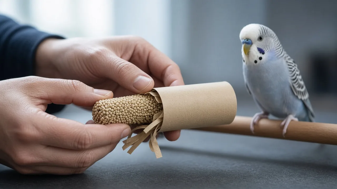 Hands stuffing spray millet and paper strips into a coin wrapper toy for a budgie
