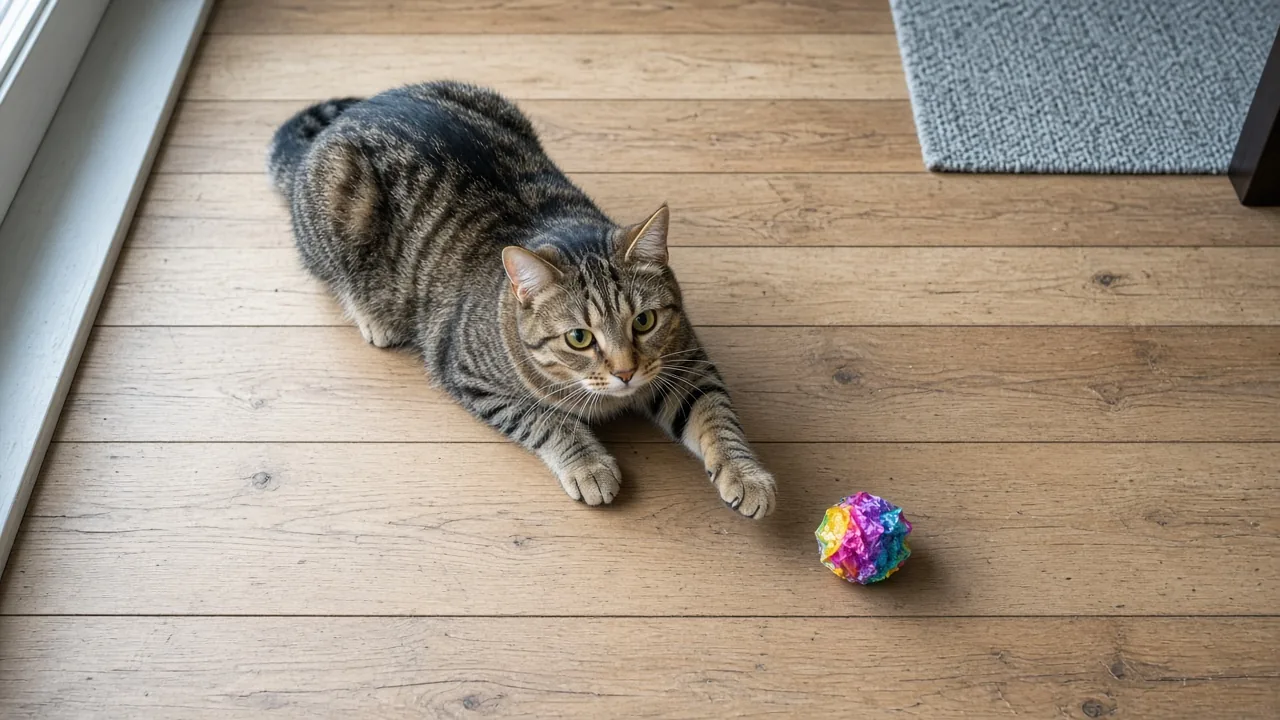 Cat playing with a crinkly tissue paper ball on a wooden floor to show safe homemade cat toys