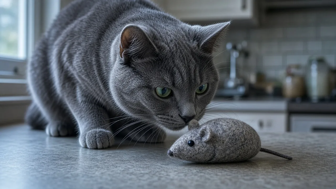 Gray cat sniffing a homemade catnip felt mouse toy on a kitchen counter