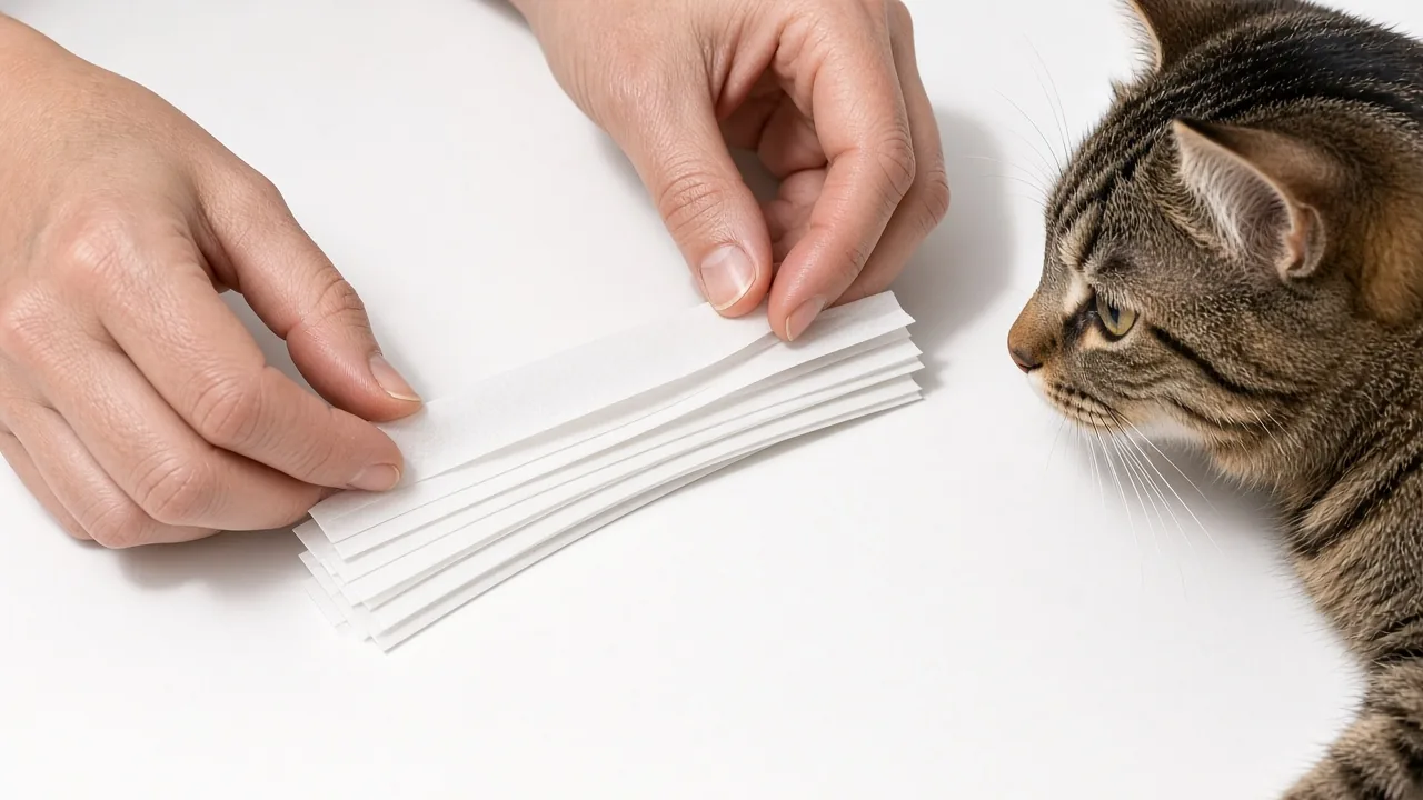 Hands folding a tissue bag into a fan-shaped strip to make a cat crinkle ball