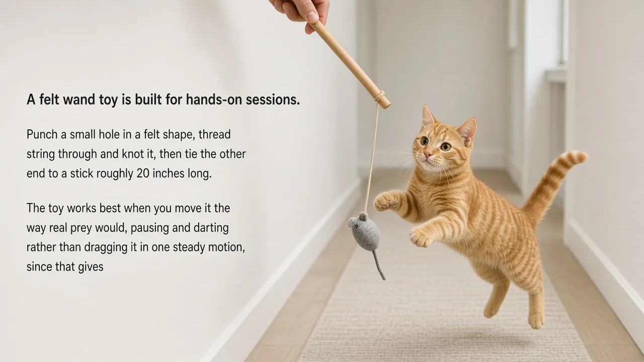 Orange cat leaping to catch a felt wand toy on a string during interactive play