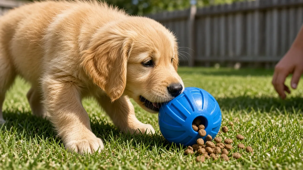 Golden retriever puppy rolling a treat-dispensing ball across a backyard lawn to get kibble, showing a dog puzzle feeder for