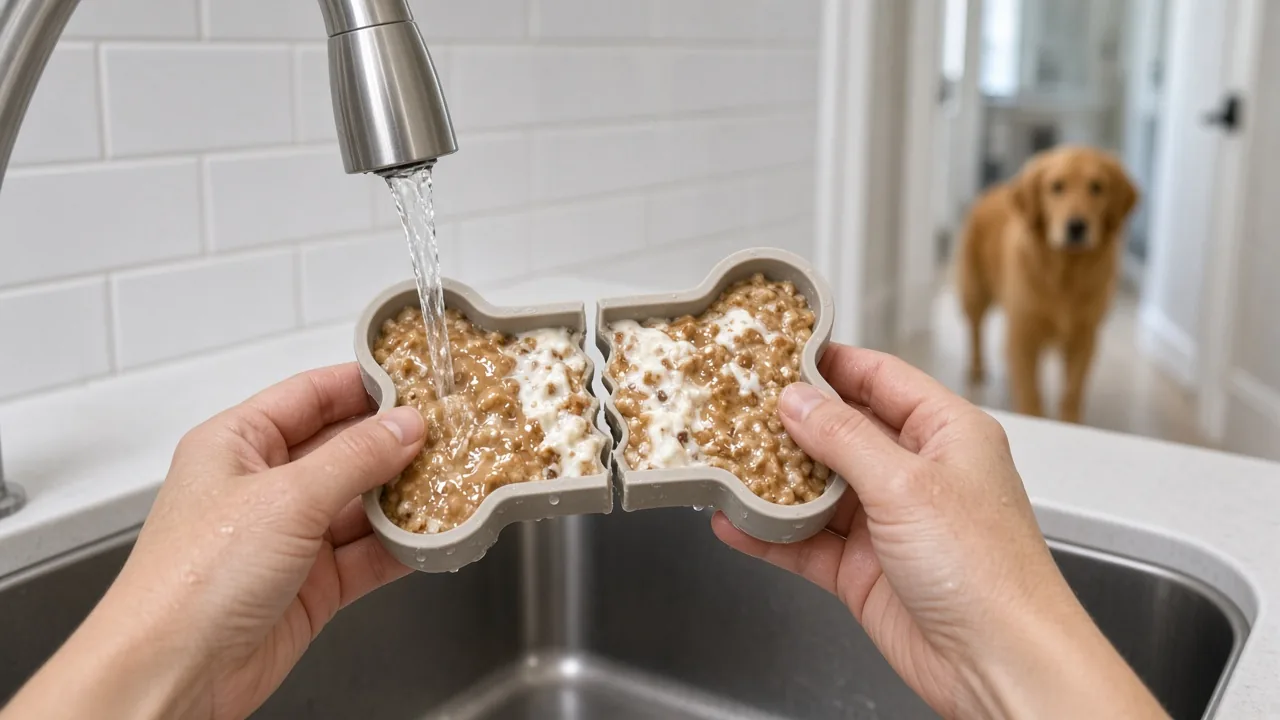 Hands separating a bone-shaped silicone lick tray filled with frozen peanut butter for easy cleaning, a freezer-friendly dog