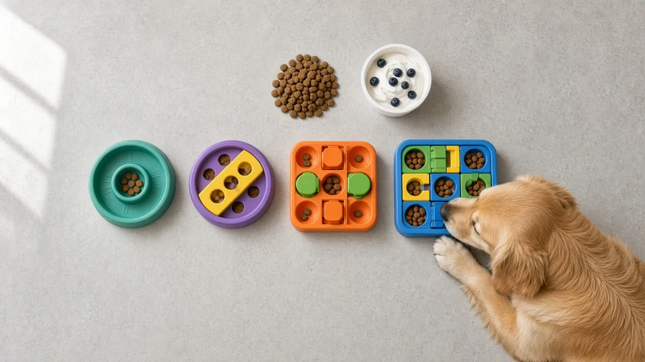 Four puzzle feeders for dogs lined up from easy to hard on a gray stone surface, showing how to choose puzzle feeders for