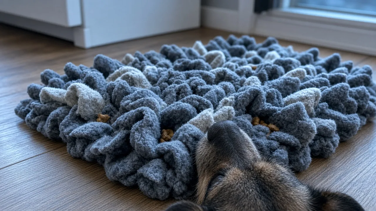 Small mixed-breed dog sniffing treats hidden in a fabric snuffle mat on a kitchen floor, a scent-based dog puzzle feeder
