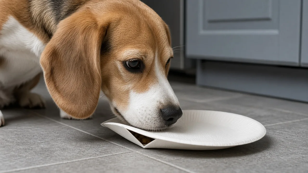 Beagle sniffing a folded paper plate filled with treats on a kitchen floor, an example of DIY dog puzzle toys from household