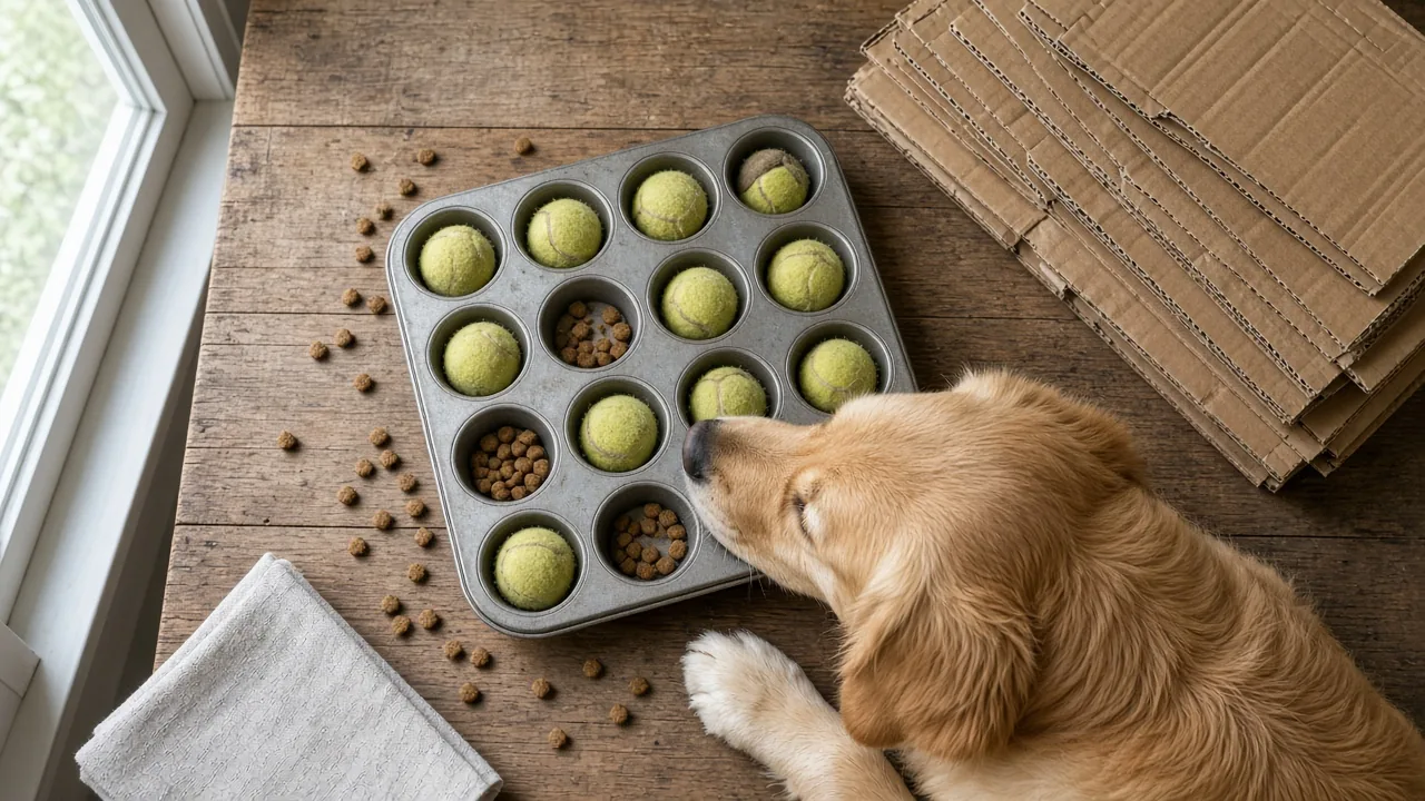 Overhead view of a DIY dog puzzle toy made from a muffin tin and tennis balls, with dog treats on a wooden table, showing DIY