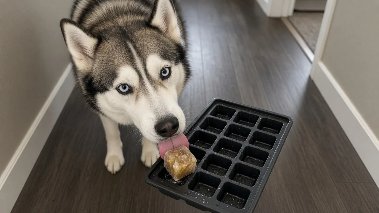 Husky mix licking a frozen treat cube from an ice cube tray on a patio, a DIY dog puzzle toy from household items