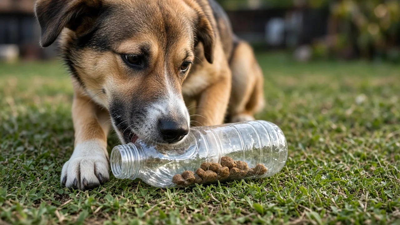 Mixed-breed dog nosing treats out of a plastic bottle on grass, a DIY dog puzzle toy from household items
